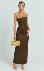 Jamie Maxi Dress Strapless Ruched Fitted Column Dress in Chocolate