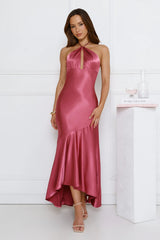 Silken Affair Halter Satin Maxi Dress Rose