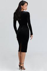 black velvet silhouette midi dress