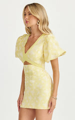 Diana Mini Dress Jacquard Short Sleeve Cut Out Dress in Lemon