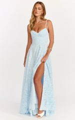 Rachel Maxi Dress Sweetheart Neckline Jacquard Front Split Dress in Ice Blue