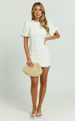 Laila Mini Linen Blend Dress High Neck Side Cut Out Puff Sleeve Straight Dress in Off White