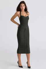 emerald halter neck bandage midi dress