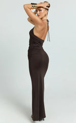 Daniella Maxi Dress Halter Tie Ruched Maxi Dress in Chocolate