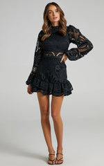 Kiss Me Now Mini Dress Long Puff Sleeve Dress in Black Lace