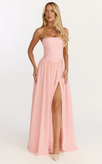 Penny Maxi Dress Strapless Corset Bodice Floral Embellished Dress in Soft Pink