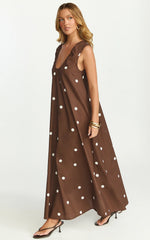 Simone Maxi Dress U Halter Neck Linen Polkadot Dress in Chocolate