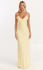 Kyra Maxi Dress Lace Bust And Tie Back Satin Dress in Lemon