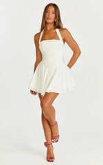 Anya Mini Dress Halter Neck Gathered Top Drop Waist Fit And Flare Dress in White
