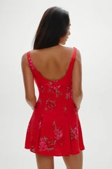 Siren Satin Mini Dress Red Rose Brushstroke