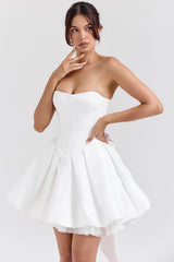 white satin strapless bow mini gown