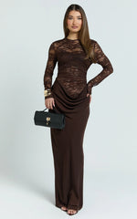 Crisanta Maxi Dress Long Sleeve Contrast Lace Bodycon Dress in Chocolate