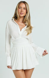 Valerie Mini Dress Collared Long Sleeve Waist Shirt Dress in White