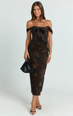 Karlene Midi Dress Ruched Corset Burnout Dress in Black and Brown