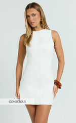 Olenna Mini Dress High Neck Fitted Denim Dress in Ecru
