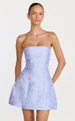 Rosalie Mini Dress Strapless Jacquard Floral Mini Dress in Blue