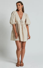 Rosita Mini Dress Tie Front Puff Sleeve Dress in Stone