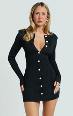 Celia Mini Dress High Neck Square Shoulder Button Front Ruche Waist Knit Dress in Black