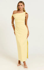 Cincinnati Midi Dress Off The Shoulder Side Split Column Linen Dress in Lemon