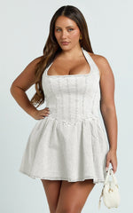 Hayes Mini Dress Halter Neck Corset Bodice Dress in Cream Contrast Stitch
