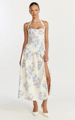 Astra Midi Dress Halter Neck Drop Waist Dress in Astra Posey Floral Print