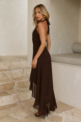 Dark Luxe Halter High Low Maxi Dress Chocolate