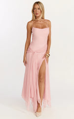Idris Maxi Dress Cowl Neck Draped Sash Godet Dress in Soft Pink