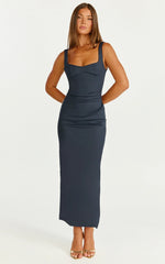 Benita Midi Dress Scoop Neck Ruched Fitted Dress in Navy