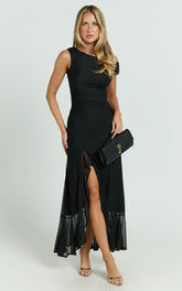 Judee Midi Dress One Shoulder High Side Split Dress in Black