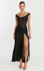 Demetria Maxi Dress Mesh Bodycon Dress in Black
