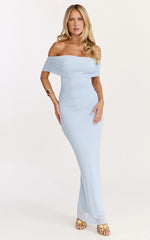 Caterina Maxi Ruched Off Shoulder Mesh Dress in Pale Blue