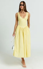 Beckett Midi Dress Scoop Neck Drop V Waist Gathered Skirt Dress in Butter Yellow