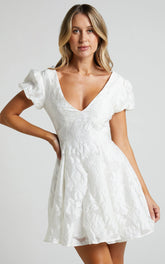Brailey Jacquard Mini Dress Puff Sleeve Dress in White