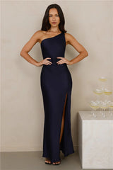 The Aurora One Shoulder Satin Maxi Dress Navy