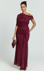 Nicolette Maxi Dress Cape Sleeve Off Shoulder Dress in Wine