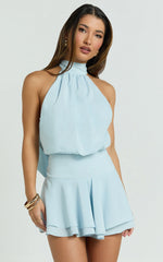 Bryonie Mini Dress Backless Halter Dress in Pale Blue
