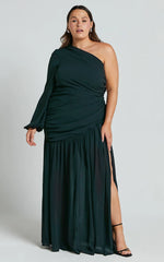 Grittah Maxi Dress One Shoulder Bishop Sleeve High Split Ruched Dress in Emerald