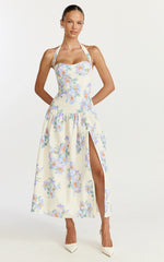Astra Midi Dress Halter Neck Drop Waist Dress in Astra Posey Floral Print