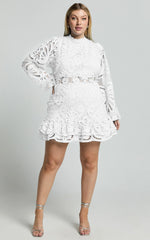 Kiss Me Now Mini Dress Long Puff Sleeve Dress in White Lace