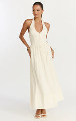 Everly Midi Dress Tie Halter Neck Button Down Bodice Fit And Flare Dress in Cream