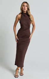Olenna Midi Dress Halter Neck Twist Detail Tie Back Dress in Chocolate