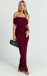 Caterina Maxi Ruched Off Shoulder Mesh Dress in Wine