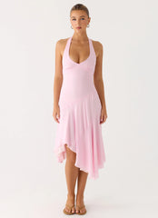 Faelie Halter Neck Asymmetrical Midi Dress Pink
