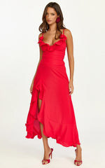 Vivienne Midi Dress Rosette Neck Gathered Frill Split Leg Dress in Red