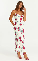 Dahlia Midi Dress Cowl Neck A Line Dress in Scarlet Rose Print