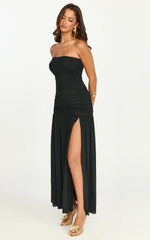 Marguerite Maxi Dress Strapless Ruched Mesh High Leg Split Dress in Black