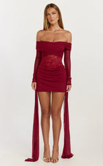 Vesper Mini Dress Contrast Lace Bodice Long Sleeve Dress in Wine