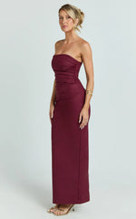Jamie Maxi Dress Strapless Ruched Fitted Column Dress in Wine