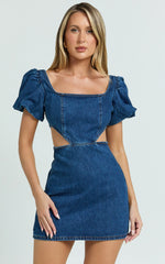 Freya Mini Dress Denim Cut Out Puff Sleeve Mini Dress in Mid Blue Wash