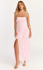 Connie Midi Dress Ruffle Detail Dress in Pink